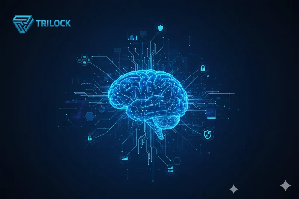 Representação visual de um cérebro digital conectado com circuitos azuis, simbolizando a inteligência e os dados na segurança moderna, com logo Trilock.