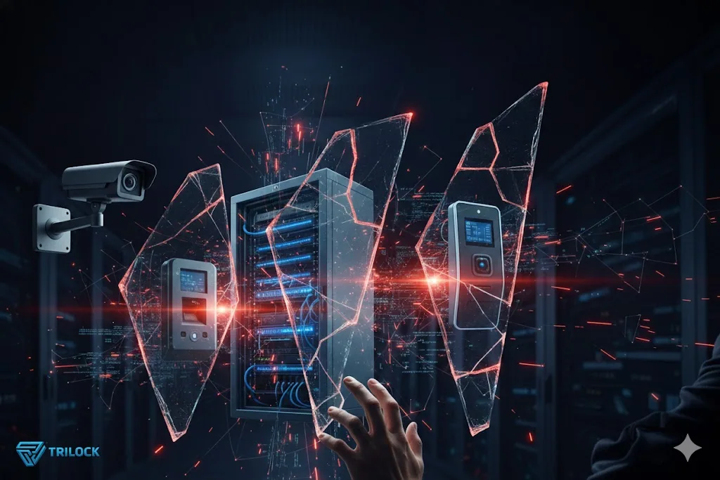 Visão conceitual de segurança empresarial com elementos digitais desconectados, simbolizando a fragilidade de sistemas isolados e a importância da governança integrada. Assinatura Trilock em detalhe.