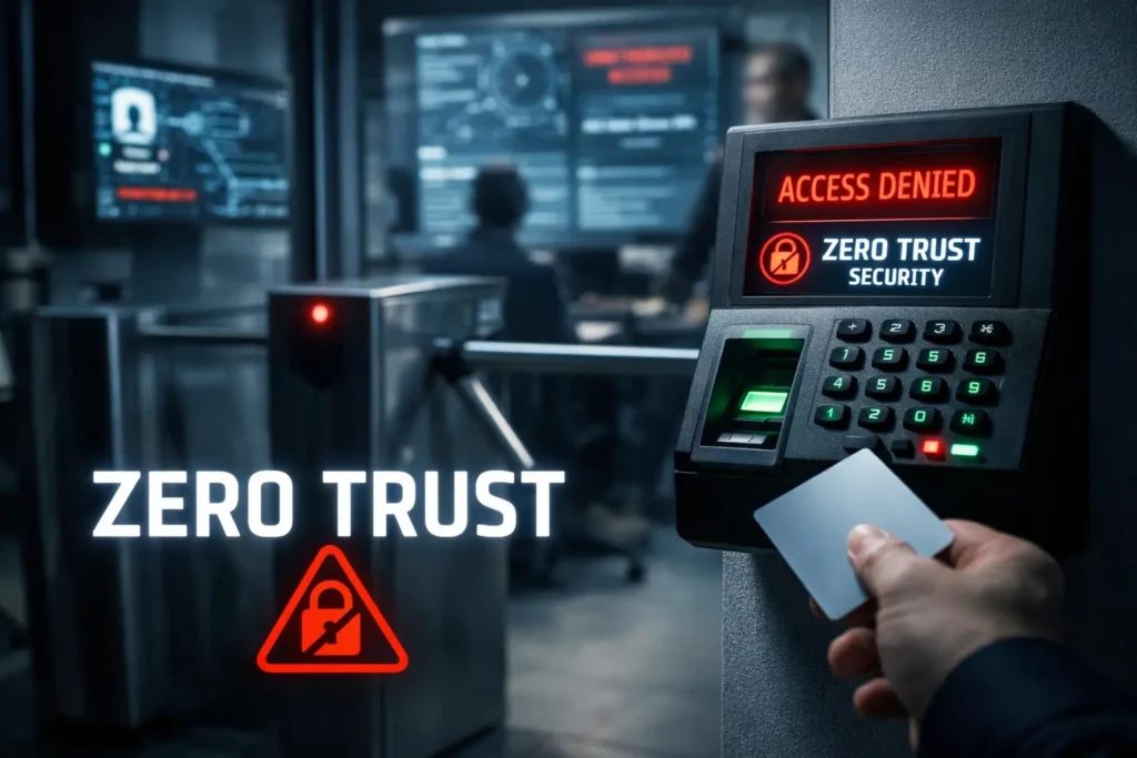 Terminal de controle de acesso com mensagem ‘Access Denied’, representando o conceito de Zero Trust