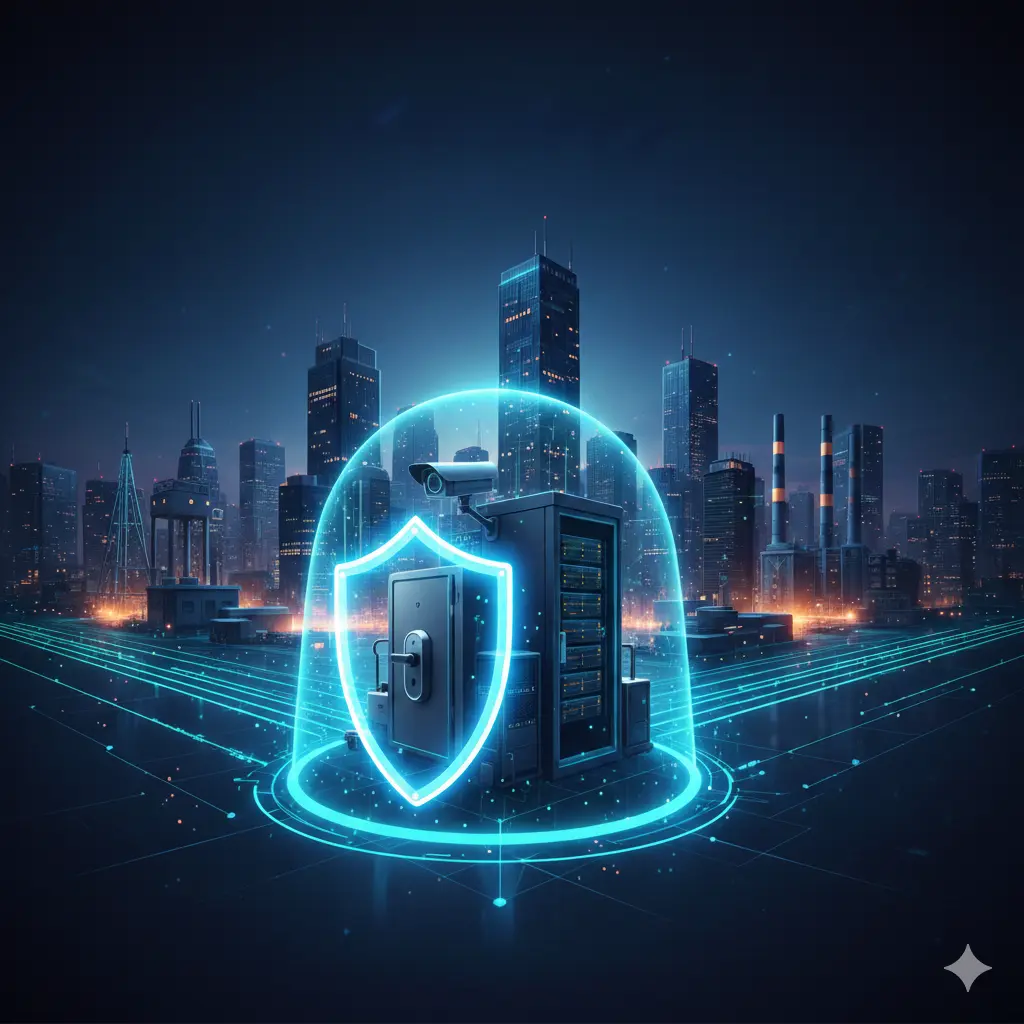 Ilustração futurista de uma metrópole conectada. No centro, um cofre e uma câmera de segurança integrados a um servidor, protegidos por um escudo e uma cúpula de energia azul neon, simbolizando a convergência entre segurança física e digital.
