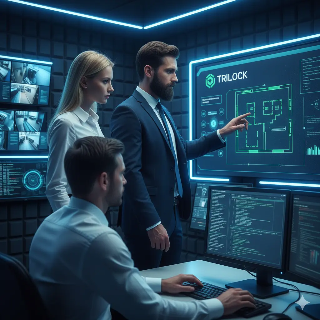 Equipe de especialistas em segurança proativa analisando dados preditivos e monitoramento contínuo em painéis digitais de alta tecnologia.