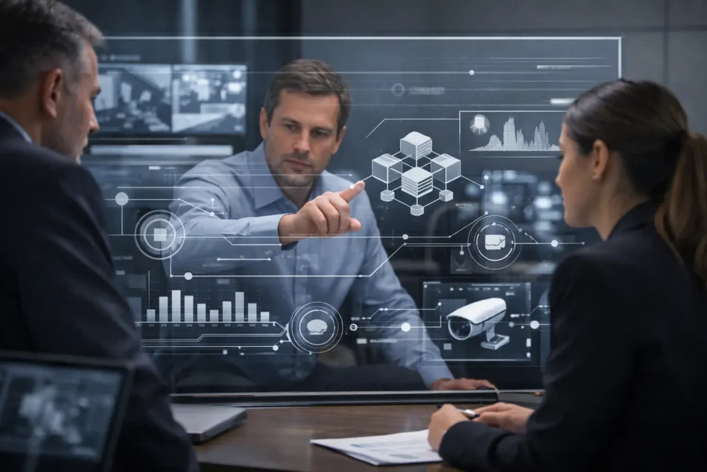 Profissionais analisando dados e arquiteturas de processamento distribuído em sistemas de segurança eletrônica.