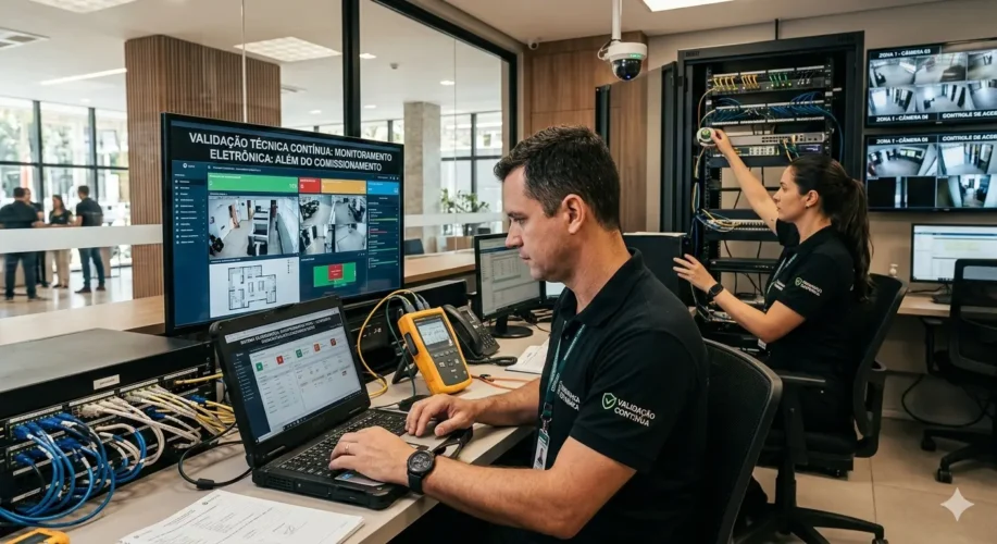 "Especialistas em um centro de operações de segurança eletrônica realizando manutenção proativa. Um técnico analisa dados em um laptop e multímetro, enquanto uma colega ajusta um rack de servidores, cercados por monitores com dashboards de controle e câmeras de monitoramento.