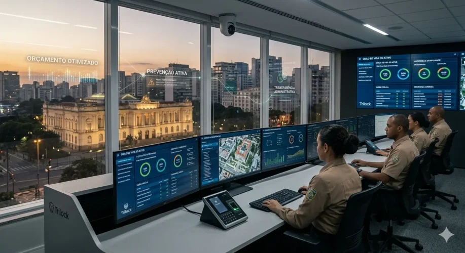 Fotografia de um centro de comando e controle moderno com vista para um prédio histórico do governo ao entardecer. No interior, gestores operam telas de alta tecnologia exibindo gráficos de desempenho, indicadores de compliance e mapas de segurança inteligente. A imagem transmite os conceitos de eficiência administrativa, transparência e economia na gestão pública.