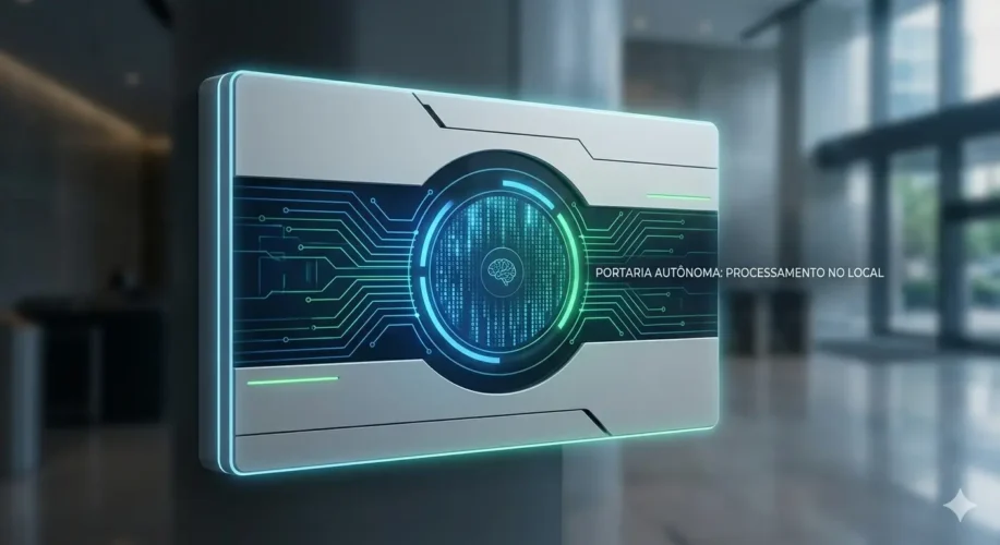 Um painel de controle de acesso futurista e minimalista em um saguão borrado, com circuitos azuis e verdes brilhantes indicando processamento de dados local e velocidade. O design sugere inteligência de borda.
