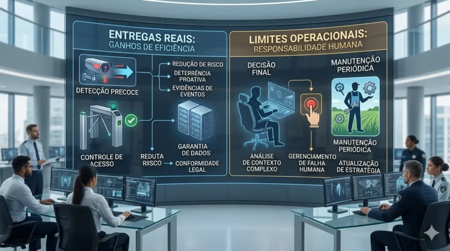 Diagrama conceitual mostrando o que um sistema de segurança eletrônica entrega e seus limites operacionais