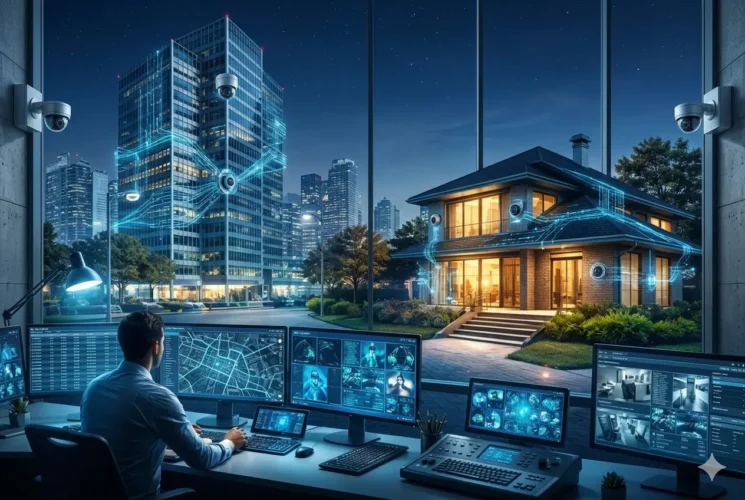 Uma visão fotográfica e fotorrealista de um moderno centro de comando de segurança, onde um operador monitora as telas em primeiro plano, enquanto uma grande janela revela um arranha-céu e uma residência moderna sob uma sutil rede de proteção digital.