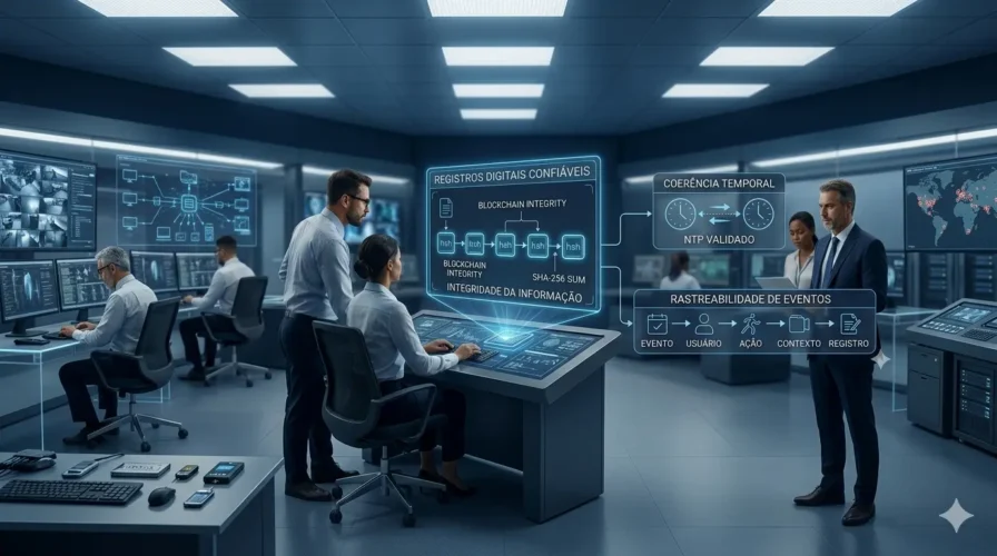 Diagrama conceitual representando registros digitais confiáveis em sistemas de segurança eletrônica, com ênfase em coerência temporal, integridade da informação e rastreabilidade de eventos.