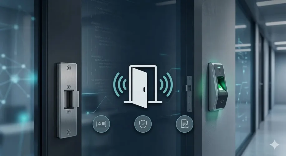 Uma imagem técnica e moderna representando o controle de acesso em um ambiente corporativo de alta tecnologia. À direita, um terminal biométrico com sensor de impressão digital iluminado em verde está montado em uma parede cinza escuro. No centro, um ícone estilizado de uma porta aberta com ondas de sinal de rádio. Abaixo, três ícones circulares discretos representam identificação, proteção e auditoria. O fundo é composto por portas de vidro de um corredor de escritórios, sobrepostas por elementos gráficos sutis que lembram linhas de código de programação e conexões de rede em tons de azul e cinza.