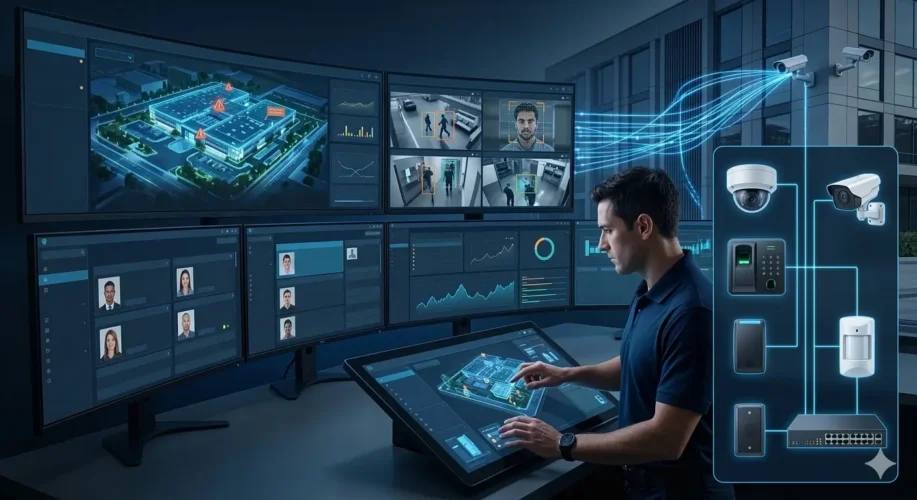 Uma visualização técnica 3D ultra-realista e profissional de uma arquitetura de segurança eletrônica integrada para 2026. A cena exibe um moderno centro de operações (SOC) com telas touchscreen, mapas digitais (digital twins), análise de dados e feeds de vídeo em alta definição. Inclui um diagrama holográfico de hardware (câmeras, biometria e sensores) conectados por fibras ópticas, em uma atmosfera cinematográfica e tecnológica com tons de azul profundo.