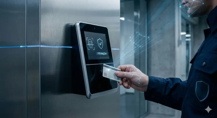 Esta imagem ilustra o conceito avançado de Autenticação Multifator (MFA) em um ambiente de alta segurança. Ela destaca a convergência entre o reconhecimento facial (biometria de inerência) e o uso de cartões inteligentes (posse), integrados a um terminal moderno e minimalista. A estética tecnológica e os feixes de luz representam a precisão dos sistemas de verificação de identidade em tempo real, fundamentais para a governança e a proteção de infraestruturas críticas em 2026.