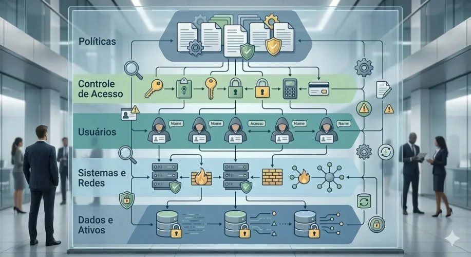 Ilustração técnica e institucional representando políticas de segurança da informação: camadas organizadas de documentos, ícones de controle de acesso, usuários, sistemas e dados conectados por linhas estruturadas. Estilo corporativo, tons neutros e tecnológicos, sem textos, sem pessoas identificáveis, fundo limpo, aparência profissional e conceitual.