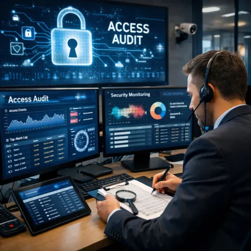 Profissional de segurança da informação realizando auditoria de acessos em um ambiente corporativo moderno, analisando logs e painéis digitais de monitoramento em múltiplas telas, com ícones de cadeado e gráficos de segurança que representam rastreabilidade, conformidade e controle de acessos a sistemas e recursos protegidos.