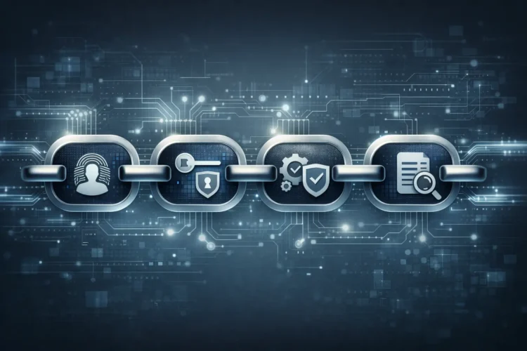 Ilustração conceitual de cadeia de confiança em sistemas de segurança: elementos conectados em sequência lógica (identidade, autenticação, autorização, registros e auditoria), formando uma estrutura contínua e robusta. Estilo técnico e institucional, visual abstrato, cores neutras e tecnológicas, sem textos, sem pessoas identificáveis.