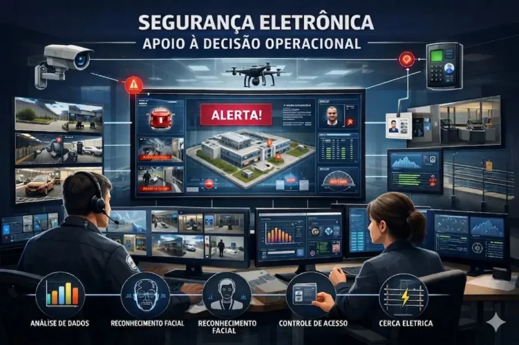 Sistema de segurança eletrônica integrado em ambiente corporativo, representando a segurança eletrônica como sistema de apoio à decisão operacional.
