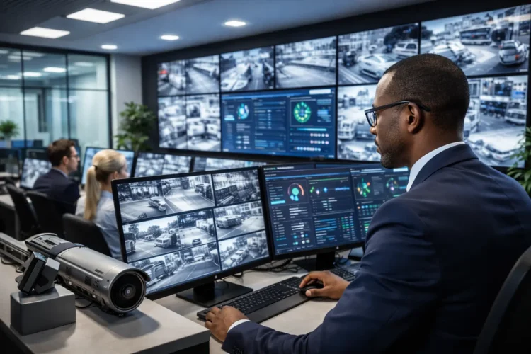 Sistema de segurança eletrônica integrado com controle de acesso, CFTV e sensores operando de forma interconectada em ambiente corporativo.