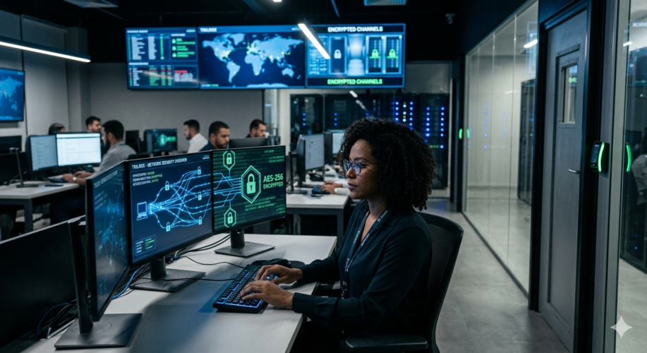 Representação de sistemas de segurança digital com dados criptografados protegendo comunicação e controle de acesso em ambiente corporativo.