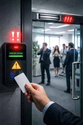 Sistema de controle de acesso em ambiente corporativo apresentando falha operacional, com leitor de proximidade, fechadura eletromagnética e atraso no acionamento da porta
