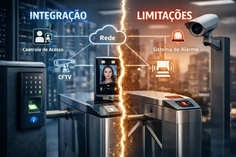 Arquitetura de sistemas de controle de acesso integrados, destacando os limites técnicos da convergência em projetos de segurança eletrônica.
