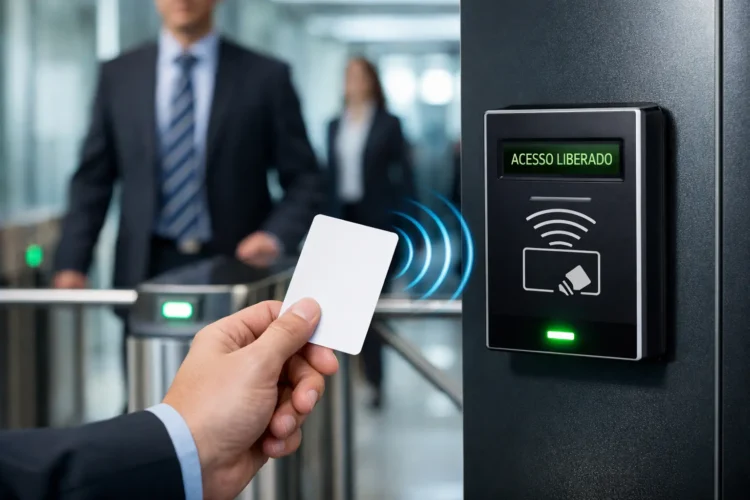Sistema RFID em ambiente corporativo com leitor de radiofrequência identificando tag sem contato físico em aplicação de controle de acesso.