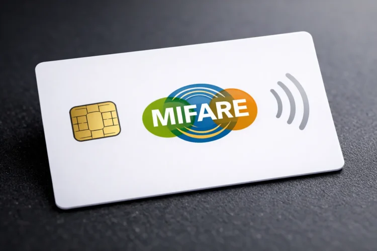 Cartão MIFARE RFID sem contato utilizado em sistemas de controle de acesso, operando na frequência de 13,56 MHz.