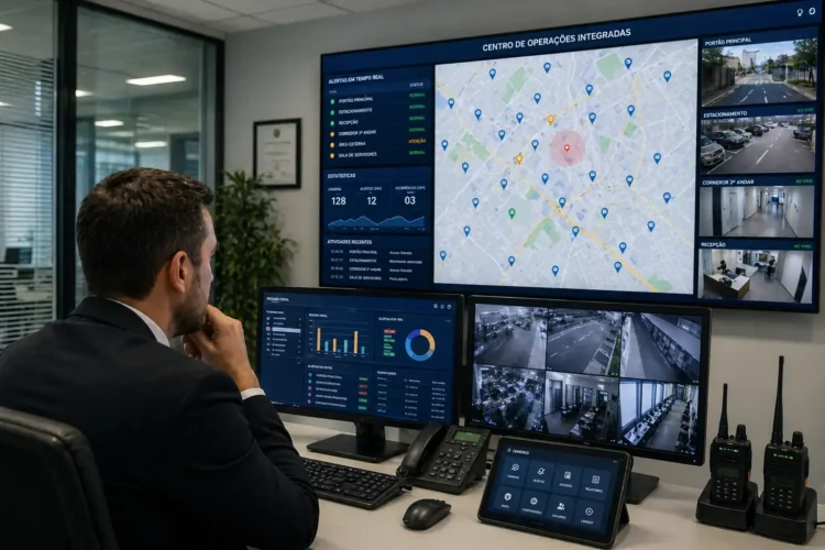 Ambiente corporativo com sistemas de segurança eletrônica integrados, representando análise de dados confiáveis e tomada de decisão baseada em evidências.