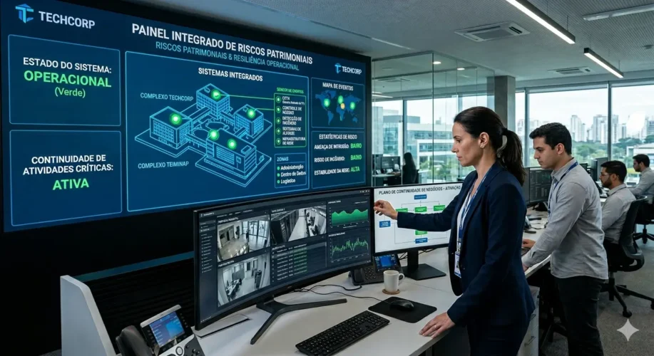 Infraestrutura corporativa com sistemas de segurança eletrônica integrados, representando resiliência operacional e continuidade das atividades críticas.