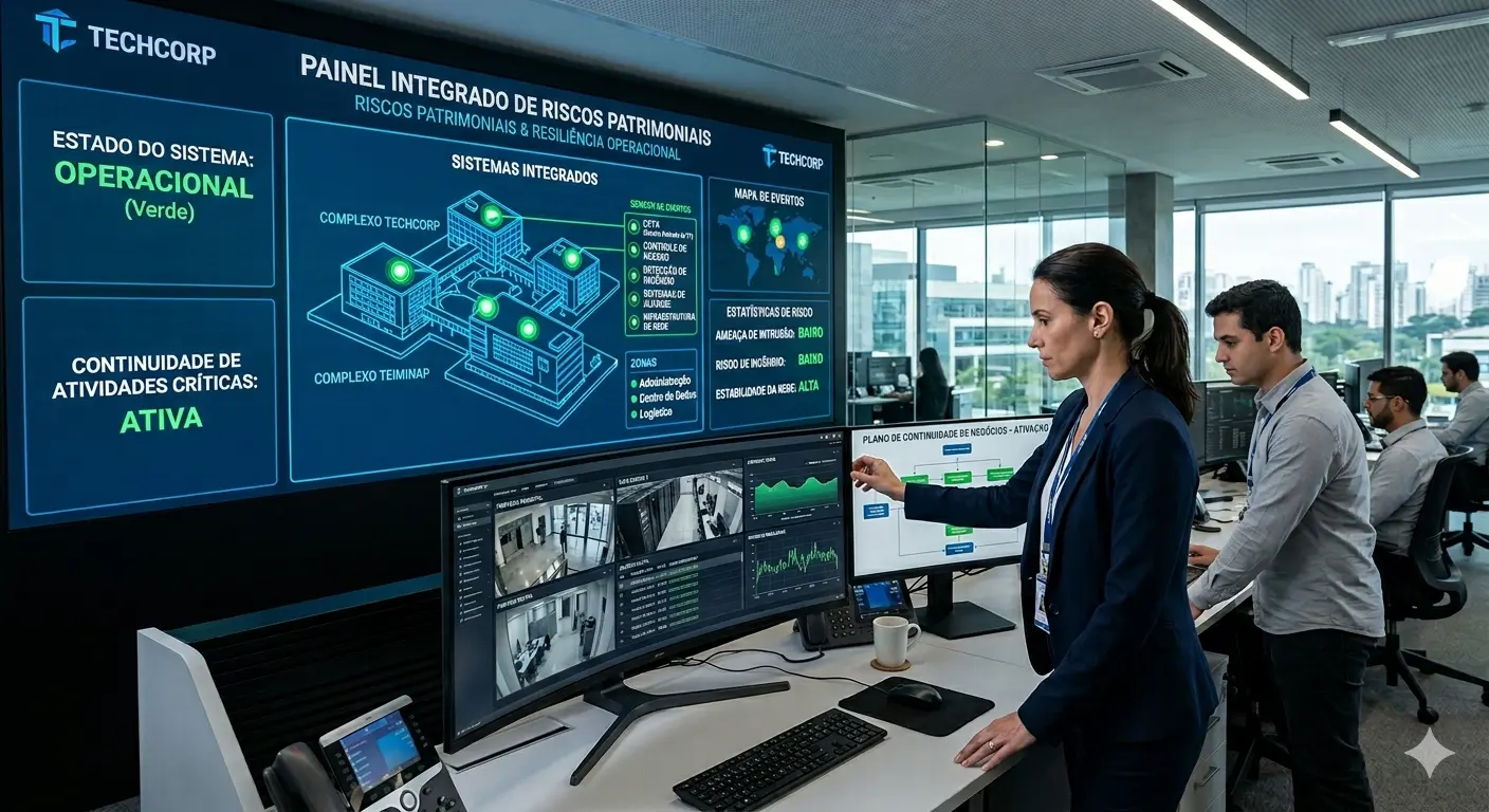 Infraestrutura corporativa com sistemas de segurança eletrônica integrados, representando resiliência operacional e continuidade das atividades críticas.