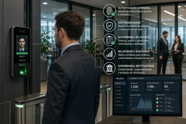 Sistema de controle de acesso biométrico integrado a ambiente corporativo, representando autenticação de usuários, rastreabilidade e governança institucional. gere uma foto com este tema