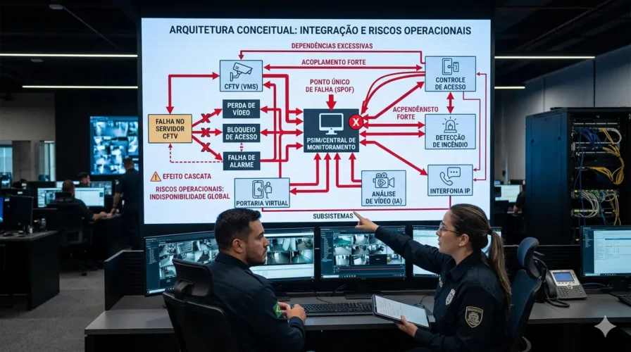 Arquitetura conceitual de sistemas de segurança eletrônica fortemente integrados, ilustrando dependências excessivas entre subsistemas e riscos operacionais.