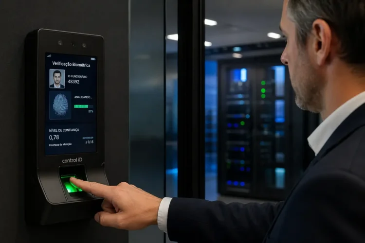 Sistema de controle de acesso biométrico em ambiente corporativo crítico, representando a incerteza de medição na biometria e a confiabilidade técnica em sistemas de alta segurança.