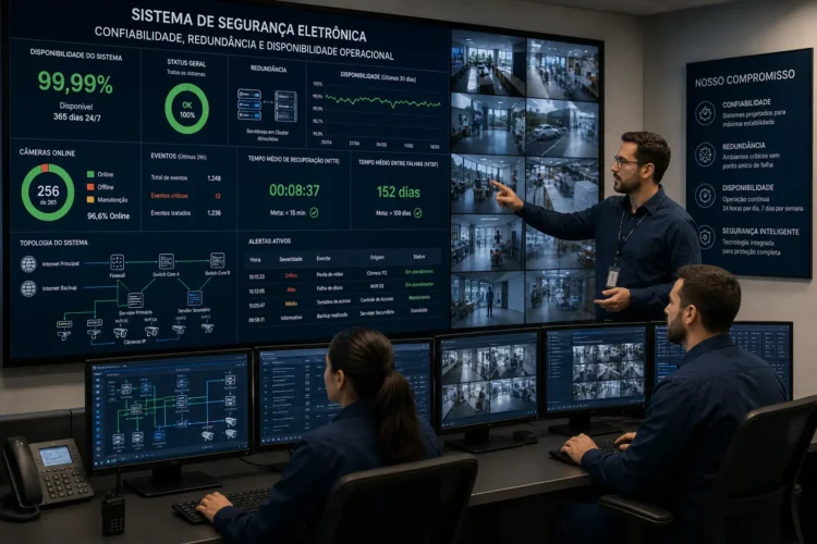 Sistema de segurança eletrônica destacando confiabilidade, redundância e métricas de disponibilidade operacional.