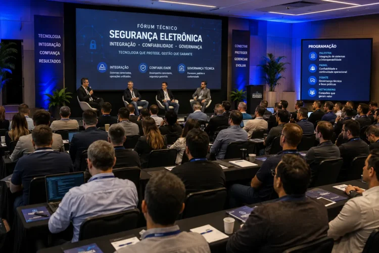 Evento técnico de segurança eletrônica com profissionais acompanhando palestras e debates sobre integração de sistemas, confiabilidade e governança técnica.