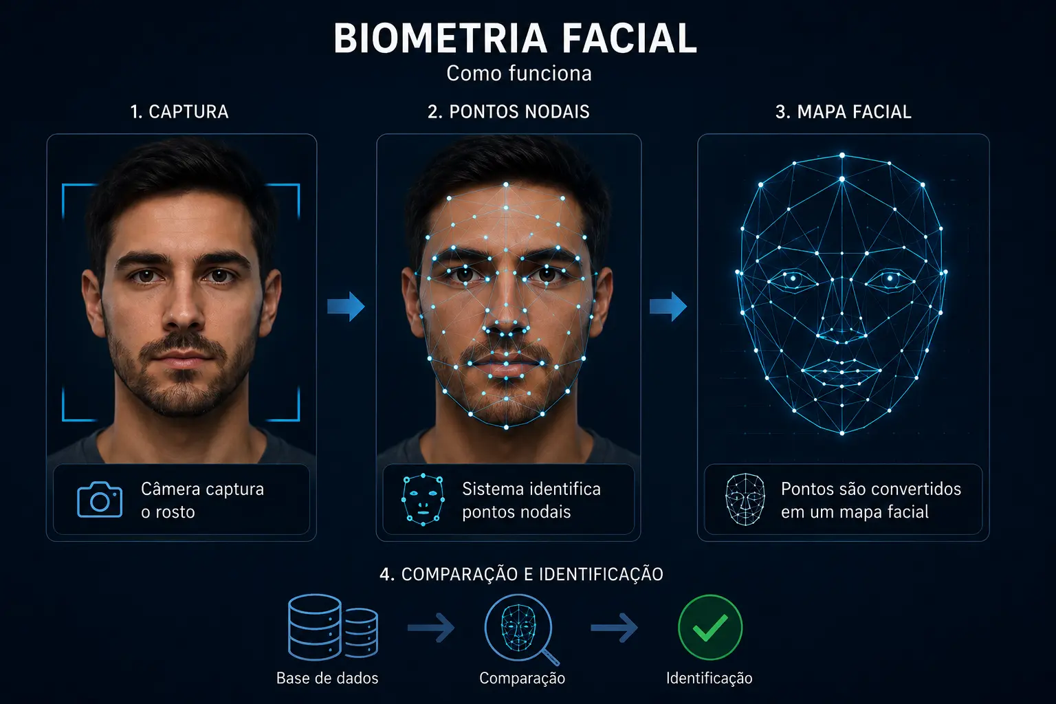 O que é Biometria Facial e como são utilizados pontos nodais e mapas faciais?