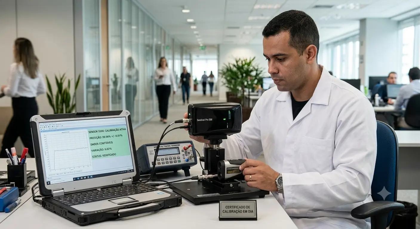 Sensor de segurança eletrônica operando em ambiente corporativo, representando calibração, precisão de medição e confiabilidade dos dados
