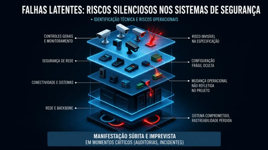 Arquitetura de sistema de segurança eletrônica com múltiplas camadas, representando falhas latentes ocultas no projeto