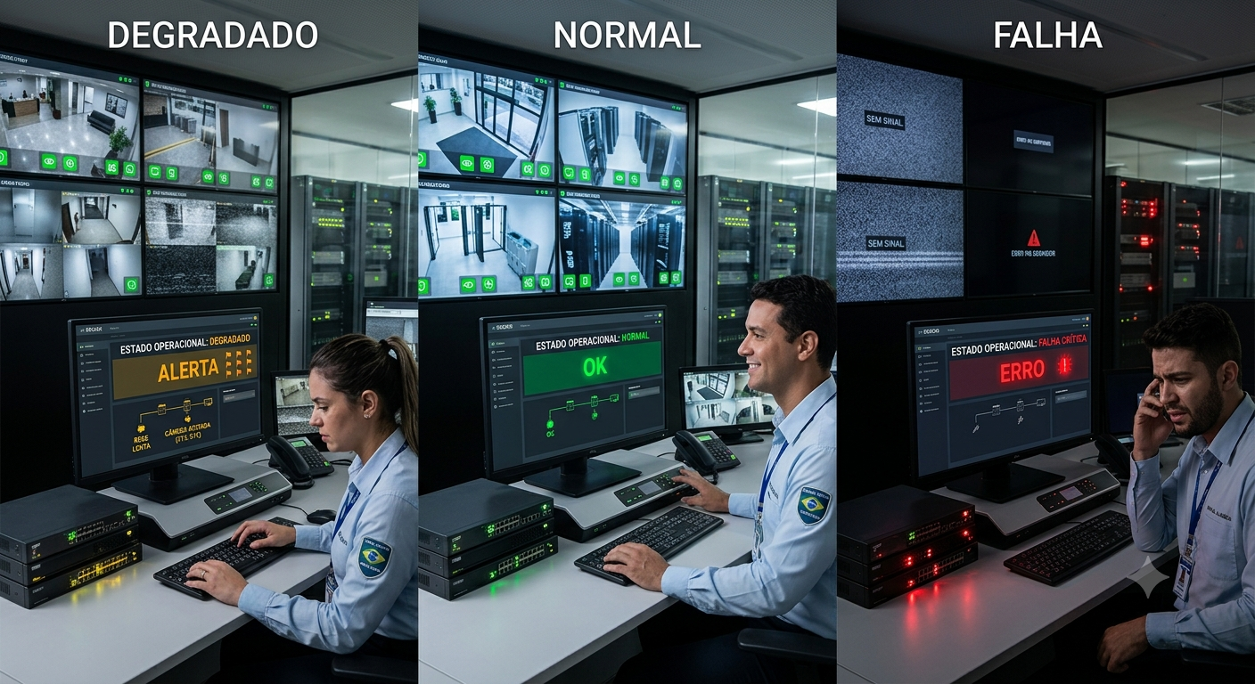 Estados operacionais em sistemas de segurança eletrônica: normal, degradado e falha