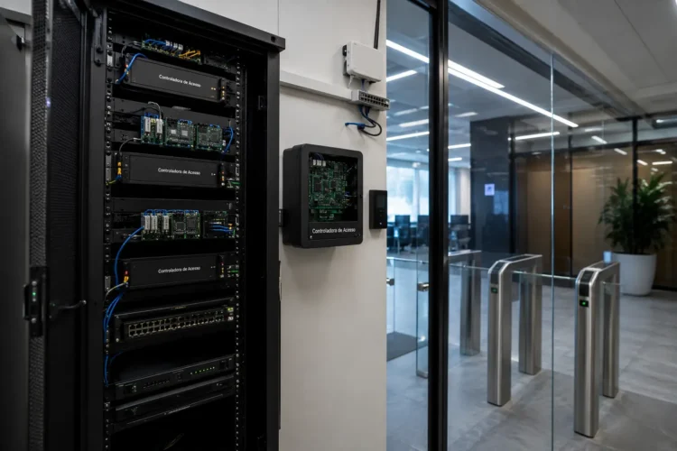 Ambiente corporativo com controladoras de acesso e infraestrutura de rede representando sistemas de segurança eletrônica de alta disponibilidade