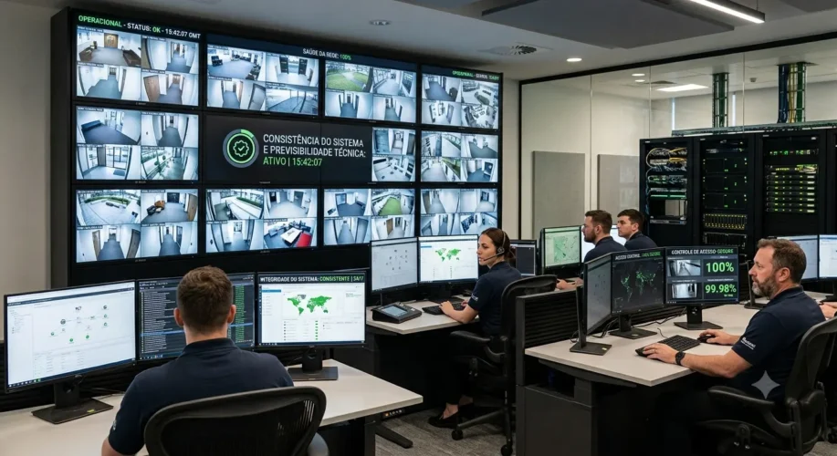 Painel de monitoramento de um sistema de controle de acesso em ambiente corporativo, representando previsibilidade operacional, estabilidade dos processos e confiabilidade dos registros em sistemas de segurança eletrônica.