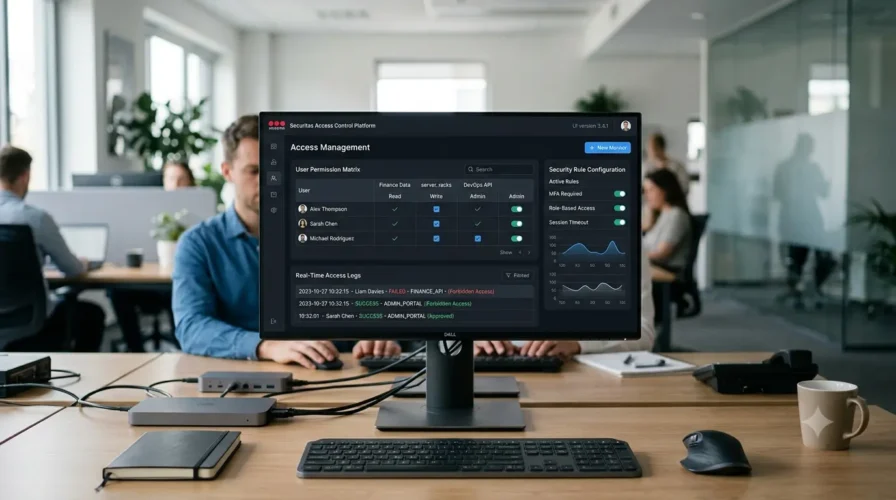 Software de gestão de acesso centralizando dados, regras e decisões em um sistema integrado de controle de acesso corporativo.