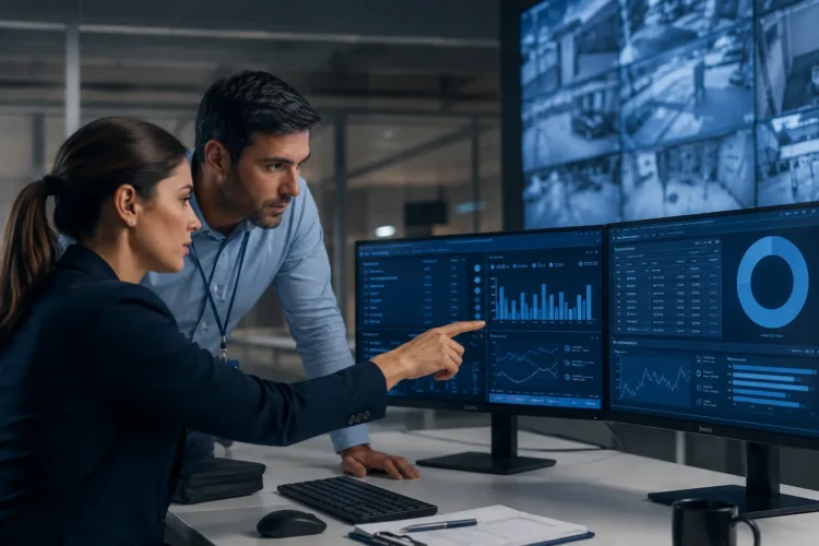 Profissionais analisando painel digital de segurança eletrônica com indicadores operacionais, gráficos de qualidade da informação e registros integrados em ambiente corporativo moderno, representando governança de dados e tomada de decisão baseada em informações confiáveis.