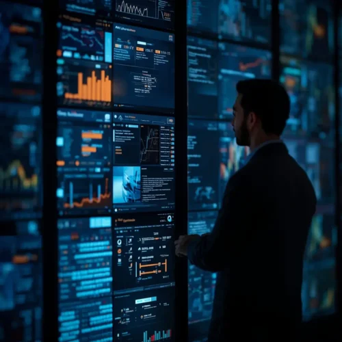 Profissional analisando plataforma de controle de acesso com painéis de eventos, histórico operacional e registros técnicos integrados, representando a rastreabilidade em sistemas modernos de segurança eletrônica.