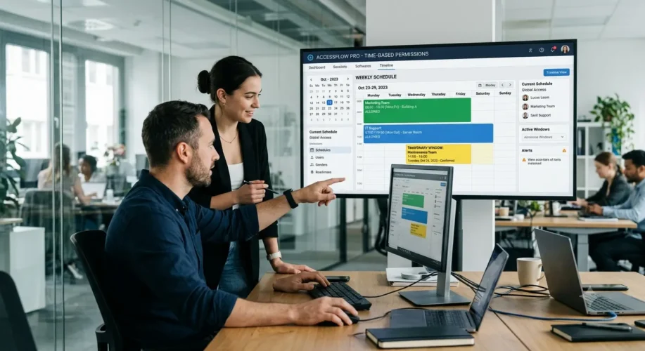 Profissional analisando uma Interface de software de controle de acesso exibindo calendário, programação de horários autorizados e gerenciamento de janelas de permissão em ambiente corporativo moderno.
