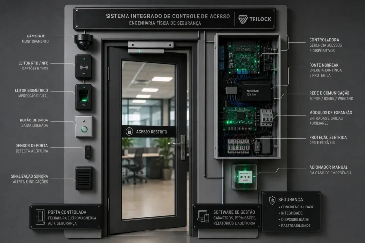 Engenharia física de sistema de controle de acesso em ambiente corporativo, com porta controlada, infraestrutura eletrônica e elementos de segurança integrados